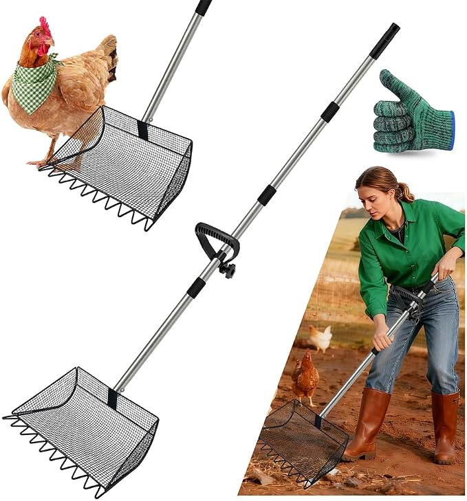 Chicken Poop Scooper, 2-in-1 Coop Scoop & Chicken Coop Rake, Sand Sifting Shovel with Adjustable Stainless Steel Handle, Up to 65 in, No-Bend Cleaning Tool - Patent-Pending (Black)