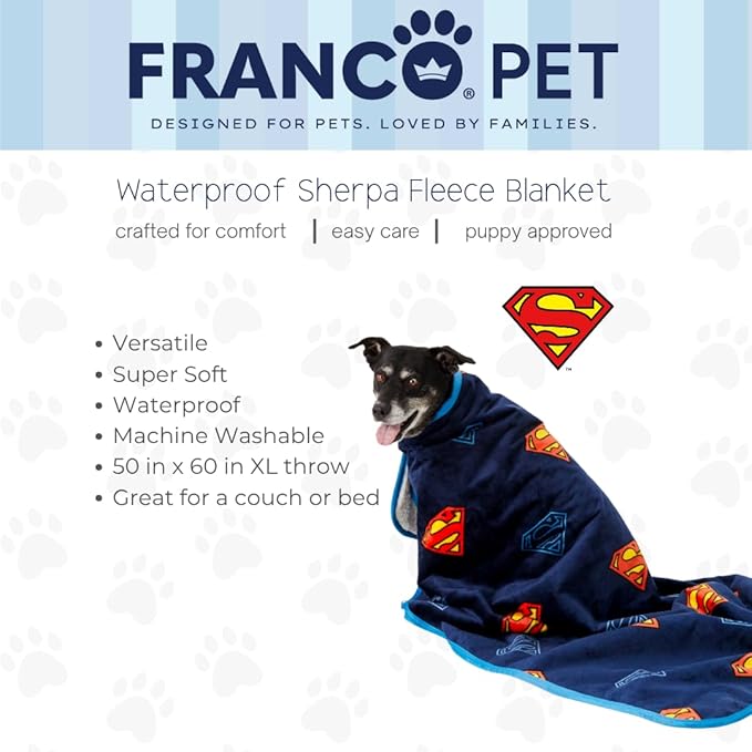Franco Pet Superman DC Comics Super Soft Cozy Waterproof Sherpa-Backed Blanket Throw for Large Dogs, Couch/Bed/Car, 50x60 (Officially Licensed Product)