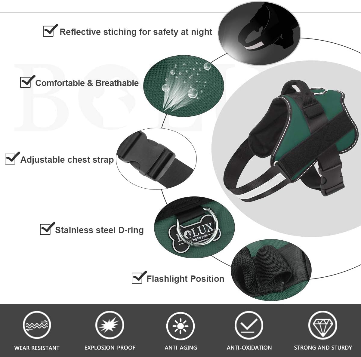 Bolux Dog Harness, No-Pull Reflective Dog Vest, Breathable Adjustable Pet Harness with Handle for Outdoor Walking - No More Pulling, Tugging or Choking (Dark Green, S)