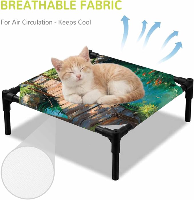 Outdoor Elevated Dog Bed for Small Dogs, Wooden Bridge Pond Breathable Cooling Raised Dog Cot for Indoor/Outdoor, Spring Floral Fish Waterproof Elevated Pet Beds, S 20 x 20 in