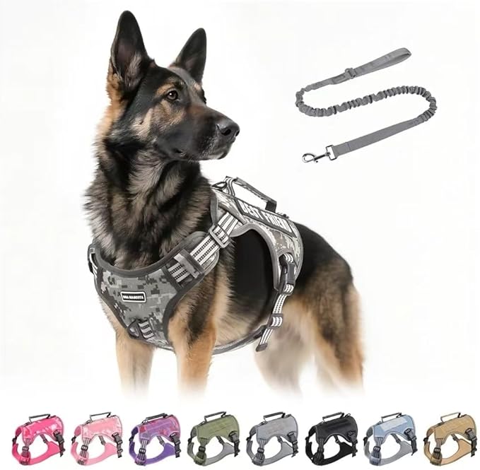 Tactical Dog Harness with Leash for Large Dogs, No Pull Adjustable Dog Harness, Reflective K9 Working Pet Vest for Walking, Training (Camouflage Grey, M)