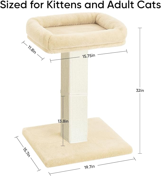 Cat Scratching Post, 32”Cat Scratcher with Large Plush Perch, Sisal & Carpet Scratching Post, Vertical Posts with Elevated Bed for Indoor Cats, Removable& Washable Cover, Beige
