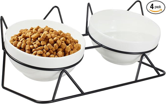 Elevated Tilted Cat Bowls for Indoor Cats，Raised Ceramic Cat Bowl Elevated 15°,Pet Feeding Bowls for Food and Water Anti Vomiting Bowl(Double Ceramics and Tilt Shelf) Suitable