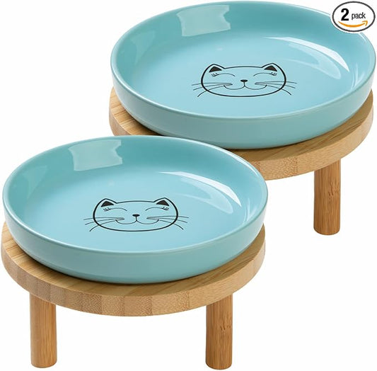 Lusifaco Shallow Elevated Cat Bowls,5.9 Inch Wide Raised Ceramic Cat Dishes with Bamboo Stand, Whisker Friendly Pet Water or Food Plates Feeding Station for Indoor Cats, Kitten (Blue,Set of 2)