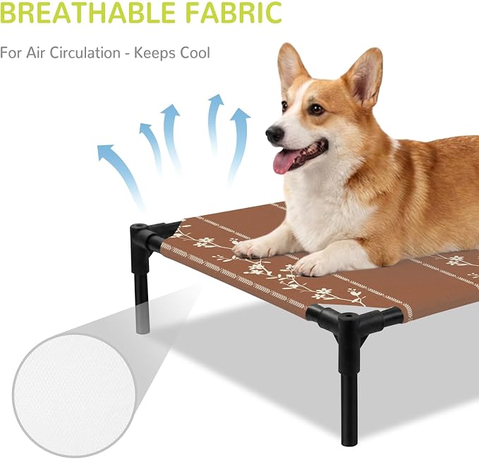 Outdoor Elevated Dog Bed for Medium Dogs, Brown Flowers Branch Breathable Cooling Raised Dog Cot for Indoor/Outdoor, Spring Summer Farmhouse Botanical Waterproof Elevated Pet Beds, M 24 x 20 in