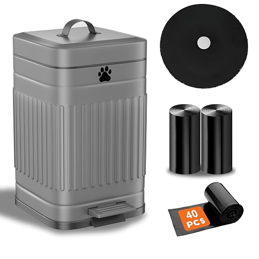 Dog Poop Trash Can Outside - 5L/1.3Gal Small Trash Can with Lid, Gray | Outdoor Dog Poop Trash Can with 40 Bags, Pedal, Removable Inner Bin, Metal Dog Waste Trash Can with Soft Close, Odor Control