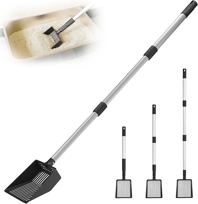 Cat Litter Scoop, Deep Shovel with Metal Long Handle, 21"-39.5" Telescopic & Adjustable Heavy Duty Fast Sifting Shovel Kitty Litter Scooper for Sifting Cats Litter