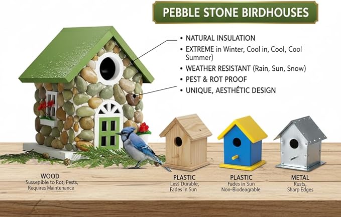 Masterpiece Bluebird House for Outside Clearance,Hanging Bird House for Outdoor, Stone Villa, River Pebbles Birdhouse for Outside, Garden Statue Solid Wood Longtime Lasting, Post Pole Mountable