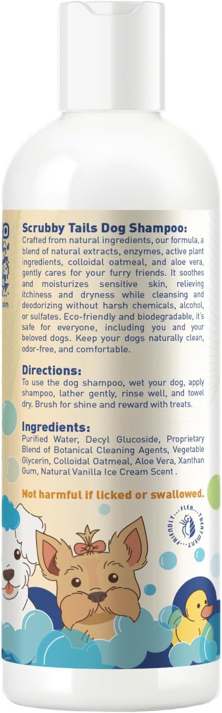 Scrubby Tails Organic Dog Shampoo - Puppy Oatmeal Shampoo for Itchy Skin Relief - Hypoallergenic for Sensitive Skin, for Dogs of All Ages, Deodorizes, Tearless, Made in USA, 16oz (Vanilla Ice Cream)