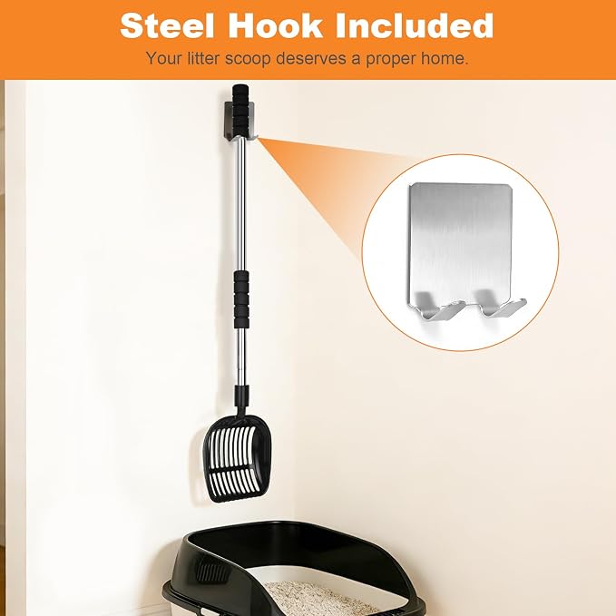 Cat Litter Scoop, Metal Litter Scooper with Detachable Long Handle, Cat Litter Sifter with Deep Shovel, Wide Slits for Easy Cleaning, Large Cat Poop Scooper Includes Hook
