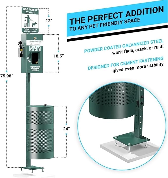 Pemberly Row Pet Waste Station, Galvanized Steel, 76 in Height, Green Finish, Lidded Trash Can with Pull-Out Bag Dispenser, Glow-in-The-Dark Signage, Includes Waste Bags and Liners for Outdoor Use