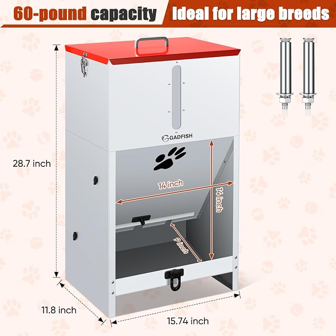 60 lbs Large Automatic Dog Feeder, Outdoor Heavy Duty Pet Feeder for Large Breed Dogs, with Viewing Window and Lockable Door