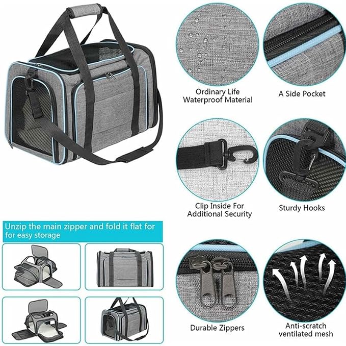Airline Approved Expandable Pet Carrier for Cats & Small Dogs up to 6kg - Foldable, 3-Way Carry for Airplane & Outdoor (Grey Orange,Small)