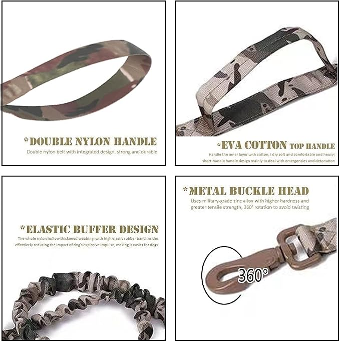Tactical Dog Collar and Leash Set Adjustable Military Nylon Dog Collar with Control Handle and Heavy Duty Metal Buckle for Large Dogs（Camo L | 1000D Heavy-Duty Nylon Fabric,Quick-Release Metal Buckle,Adjustable Fit,Soft-Padded Webbing,D-Ring,for Traini...