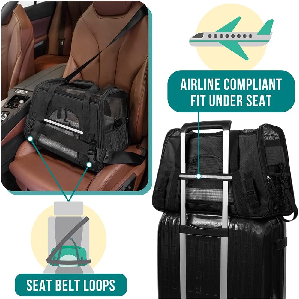 PetAmi Airline Approved Pet Carrier for Cat, Soft Sided Dog Carrier for Small Dogs, Cat Travel Supplies Accessories for Indoor Cats, Ventilated Pet Carrying Bag Medium Large Kitten Puppy, Small Black
