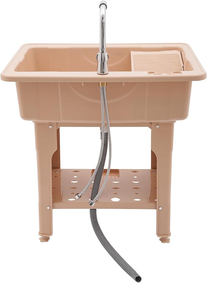 Plastic Utility Sink with 360° Swivel Hot and Cold Faucet Brown | 154 lbs Load Capacity, Equipped with Hose Hook Up, Includes Washboard, Bottom Storage Board, Suitable for Garages and Gardens