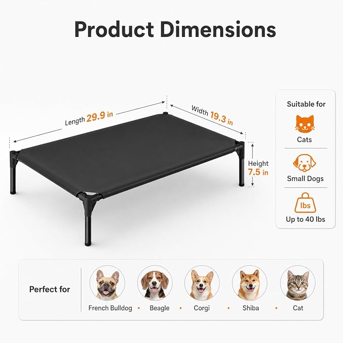 Elevated Dog Cot Bed,Cooling Raised Pet Bed with Washable Breathable Mesh Sturdy Metal Frame,Portable Raised Dog Bed with Anti-Slip Feet for Indoor Outdoor Backyard Use (29" X 19" X 7")