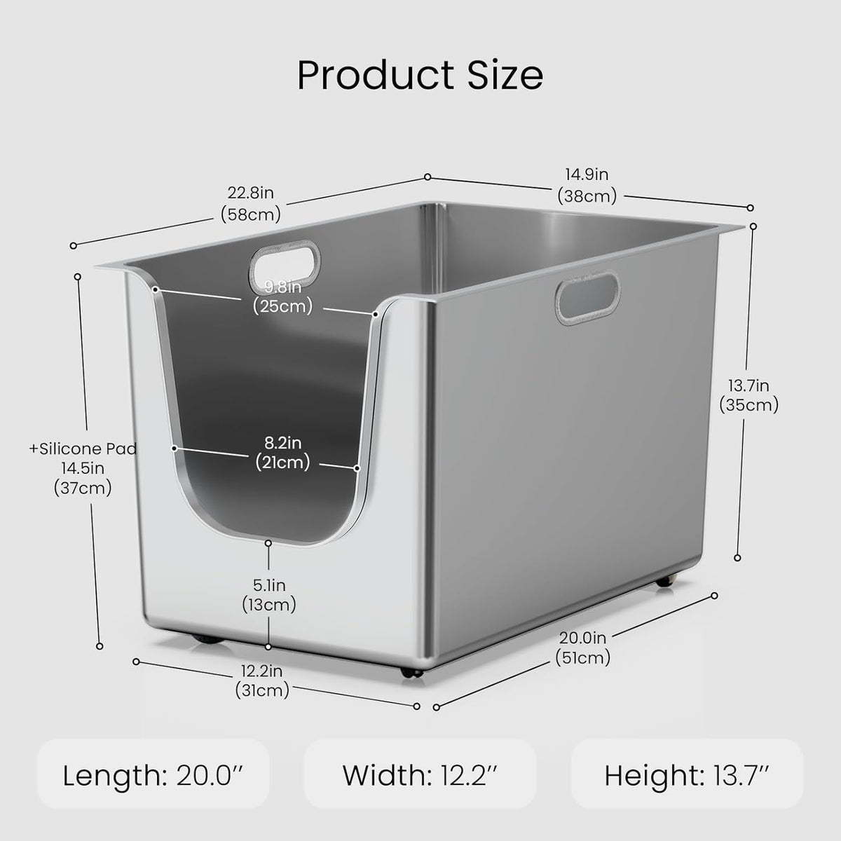 Stainless Steel Litter Box 13.7'' High Sides, XL Metal Cat Litter Box with Curved Low Entry, Cat Litter Pan for Big & Multiple Cats, Pet Toliet with Handy Wheels for Easy Moving