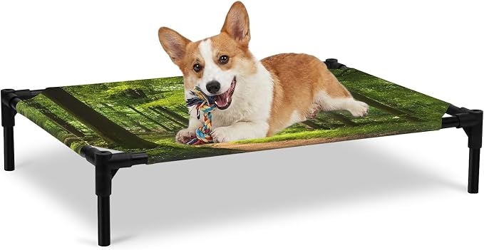 Outdoor Elevated Dog Bed for Large Dogs, Green Forest Breathable Cooling Raised Dog Cot for Indoor/Outdoor, Retro Rustic Natural Scenery Trees Waterproof Elevated Pet Beds, L 28 x 22 in