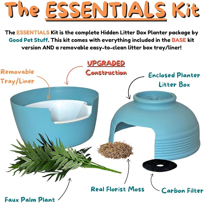 Good Pet Stuff Original Hidden Litter Box Planter, Decorative Cat Litter Enclosure with Carbon Filter, Artificial Palm Plant, Upgraded Design, Easy Clean Litter Tray, Essentials Kit, Caribbean Blue