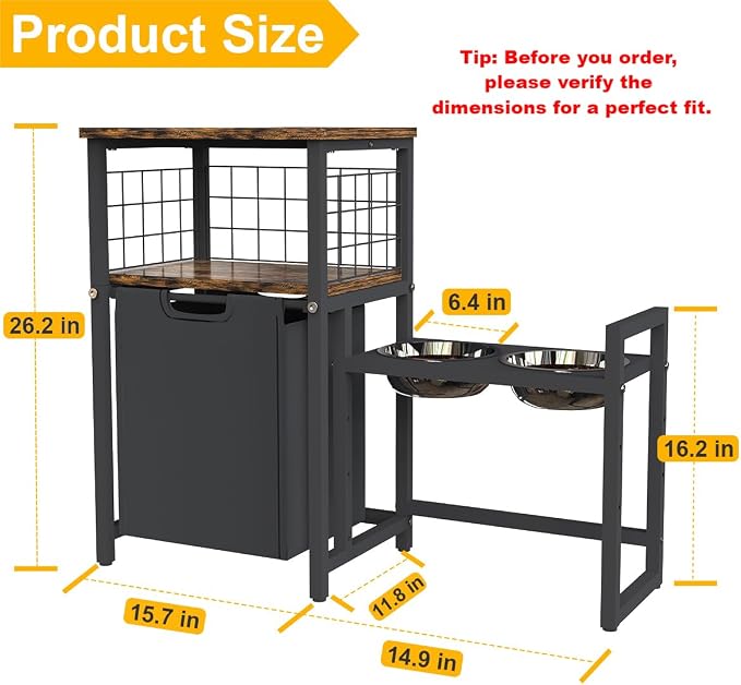 30.6Long x 26.2 High Elevated Dog Bowl Stand, Black | with Pet Food Storage Organizer,Adjustable Raised Feeding Station with Toy Basket for Large Medium Small Dogs and Cats