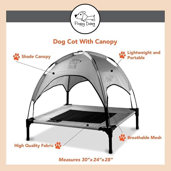 Floppy Dawg Just Chillin' Elevated Dog Bed. Cool Cot with Removable Canopy Shade. Indoor or Outdoor Pet Use. Lightweight and Portable. Chill in Style on Raised Breathable Mesh Fabric.