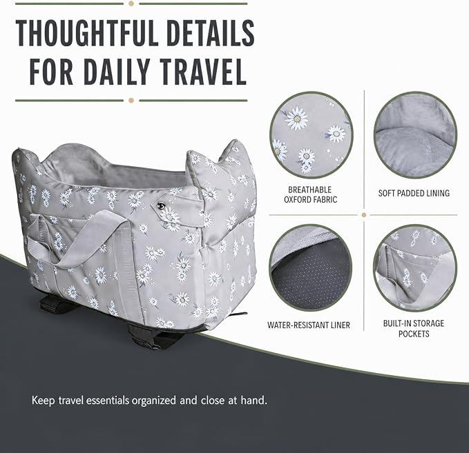 Center Console Dog Car Seat for Small Dogs 5-15 lbs, Gray | Portable Puppy Armrest Booster with Anti-Collapse Support, Washable Fluffy Cushion and Pillow,