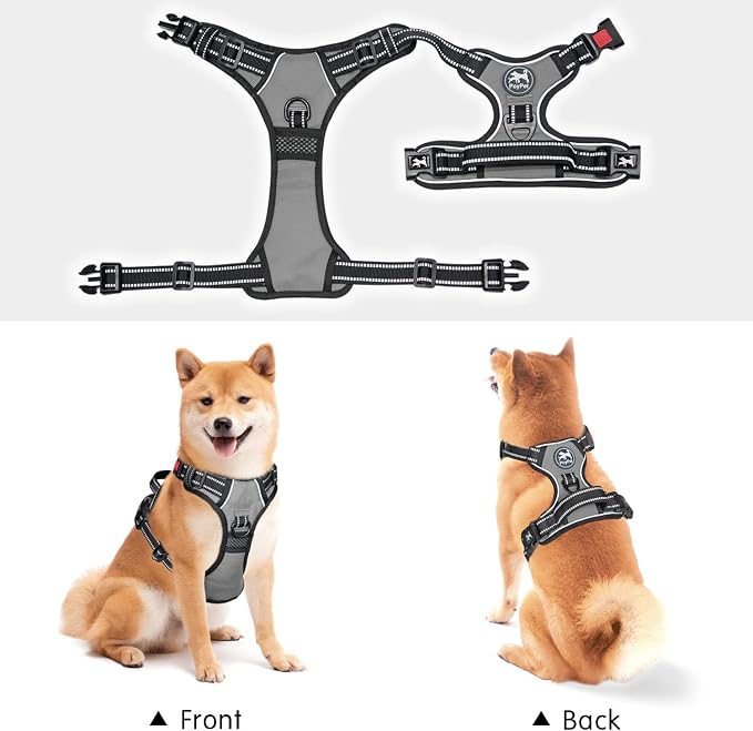 PoyPet No Pull Dog Harness Small with Front Clip & Neck Release Buckle | No Choke, Adjustable Vest, Reflective, Back Clip, Lockable, Soft Padded, Easy Control Handle for Walking Training, S, Grey
