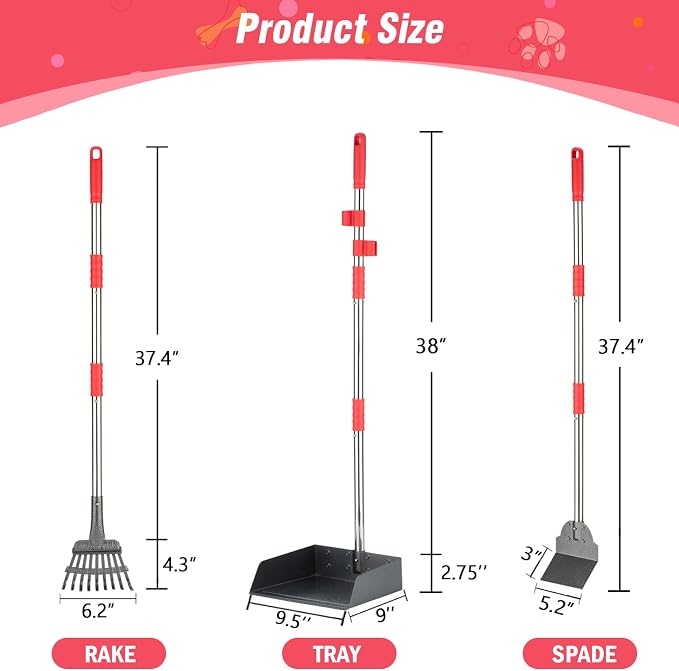 FUSBUNTY Dog Pooper Scooper Set, Pooper Scooper for Dog, Heavy Duty Stainless Steel Rake with Extra Large Tray & Spade No Bending Clean Up for Pet Waste Removal, for Grass, Dirt Or Gravel.