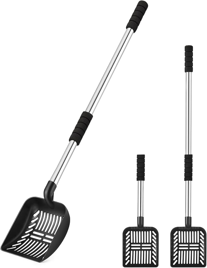 Yangbaga Metal Cat Litter Scoop: 32.3in Long Handle Litter Scooper | Heavy Duty Stainless Steel Pooper Scooper w/Deep Shovel-Detachable Non Stick Litter Sifter w/Foam Padded Grip-No Bending Back