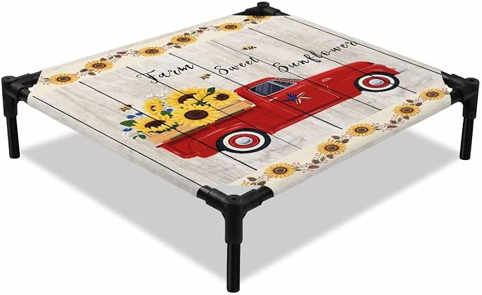 Outdoor Elevated Dog Bed for Small Dogs, Sunflowers Breathable Cooling Raised Dog Cot for Indoor/Outdoor, Country Botanical Bees Red Truck Wooden Plank Waterproof Elevated Pet Beds, S 20 x 20 in