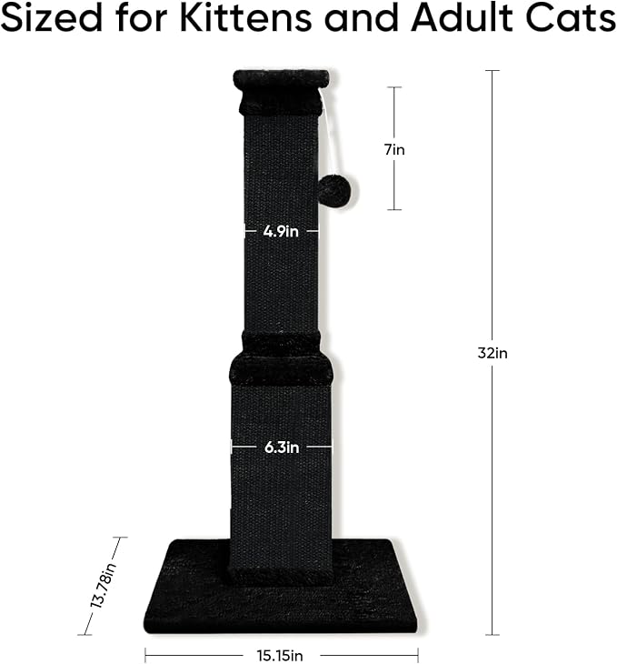 Cat Scratching Post, 32 Inch Cat Scratching Posts for Large Cats, Scratching Posts for Indoor Cats Adults, Cat Scratch Post with Nature Sisal, Full Black