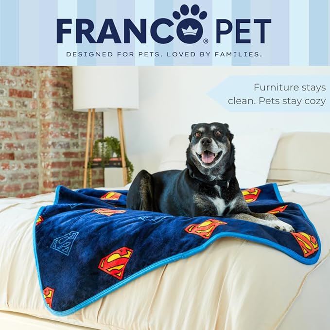 Franco Pet Superman DC Comics Super Soft Cozy Waterproof Sherpa-Backed Blanket Throw for Large Dogs, Couch/Bed/Car, 50x60 (Officially Licensed Product)