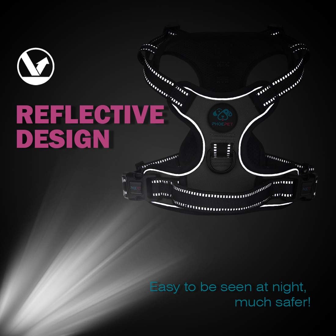 PHOEPET No Pull Dog Harness Medium Reflective Front Clip Puppy Vest with Handle, Adjustable 2 Metal Leash Attachment Hooks(M, Pink)