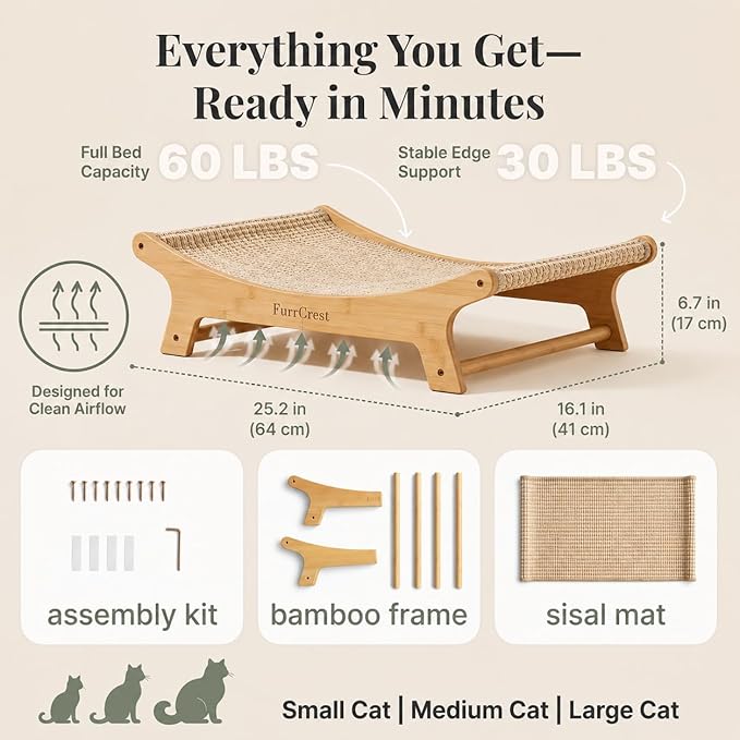 XL Sisal Cat Scratcher Bed with Elevated Hammock for Indoor Cats, Replaceable Natural Sisal Pad, Large Cat Lounge, Anti-Slip No-Wobble Bamboo Frame, Natural Grey