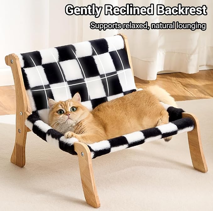 Solid Wood Cat Couch Bed for Indoor Cats, Modern Cat Sofa with Ultra-Soft Plush Surface Washable, Reclined Backrest, Elevated Plush Cat Lounge for Small to Adult Cats, Black & White