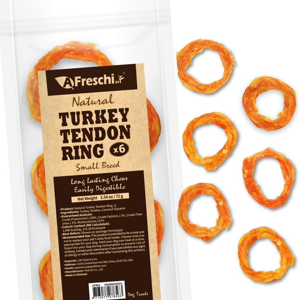 AFreschi Turkey Tendons for Dogs, USA-Sourced, Healthy Dog Treats, Rawhide-Free Puppy Chews, Long Lasting, All Natural, Hypoallergenic Dog Treats for Small Breeds, 6 Count Pack Ring (S)