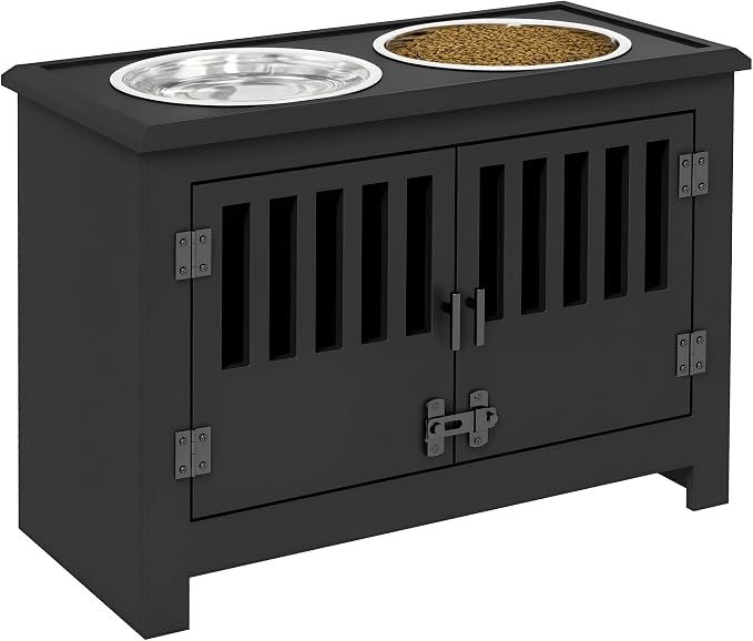 PawHut Large Elevated Dog Bowls with Storage Cabinet - 37L Capacity, Raised Dog Bowl Stand Feeding Station, Black | Raised Dog Bowl Stand Pet Food Bowl Dog Feeding Station