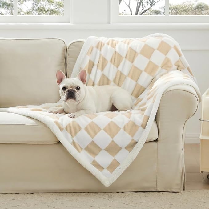 Ohocut Checkered Dog Blanket, Beige Khaki Jacquard Sherpa Blankets for Small Dog and Cats, Cute Aesthetic Style Fluffy Fleece Pets Blanket for Couch Protection Washable, 25"x35"