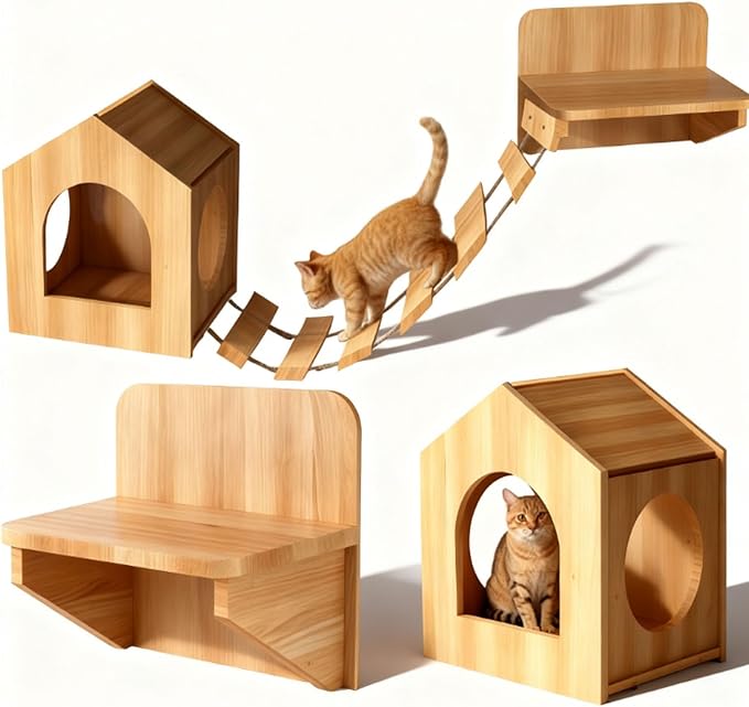 Unfinished Solid Pine Cat Wall Set - Natural Wood Cat House, Bridge & Perch Shelf | 3-Piece Wall-Mounted Climbing & Lounging Furniture for Indoor Cats