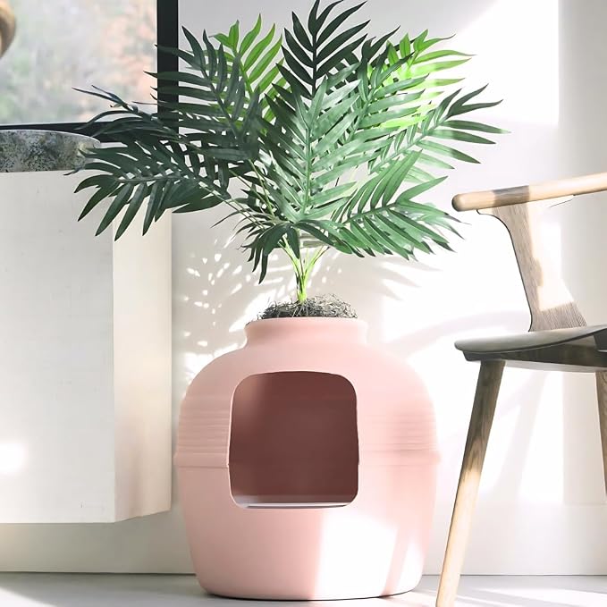 Good Pet Stuff Original Hidden Litter Box Planter, Decorative Cat Litter Enclosure with Carbon Filter, Artificial Palm Plant, Upgraded Design, Easy Clean Litter Tray, Essentials Kit, Pink Coral