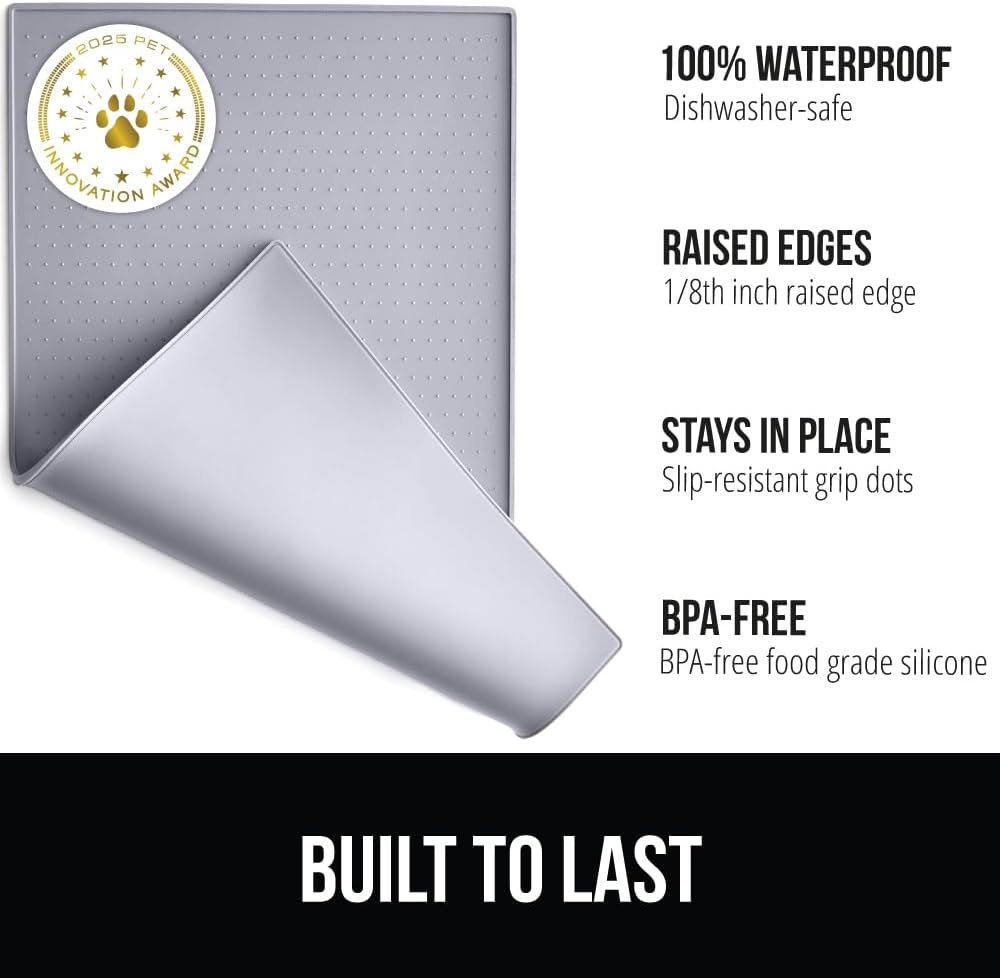 GORILLA GRIP 100% Waterproof Raised Edge BPA Free Silicone Pet Feeding Mat, Dog Cat Food Mats Contain Spills Protects Floors, Placemats for Cats, Dogs Water Bowl, Pets Accessories 18.5x11.5 Light Gray