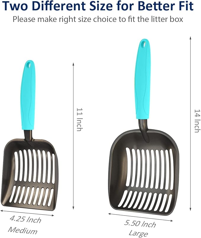 Cat Litter Scoop, Non-Stick Plated Aluminum Alloy Sifter, Kitty Durable Metal Scooper, Deep Shovel, Long Handle, Kitten Pooper Lifter, Size Medium, Coated Black Body with Turkish Blue Handle