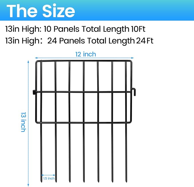 Garden Fencing Animal Barrier 24 ft(L)×13 in(H), 24Panels No Dig Fence, 1.5" Gap Underground Critter Barrier for Decks, Pet Dog Digging Fence Barrier. Rust-Proof Metal Black Fence Stakes