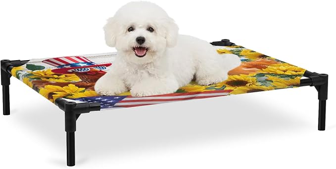 Outdoor Elevated Dog Bed for Medium Dogs, Sunflower Independence Day Breathable Cooling Raised Dog Cot for Indoor/Outdoor, 4th of July Rooster Wooden Waterproof Elevated Pet Beds, M 24 x 20 in
