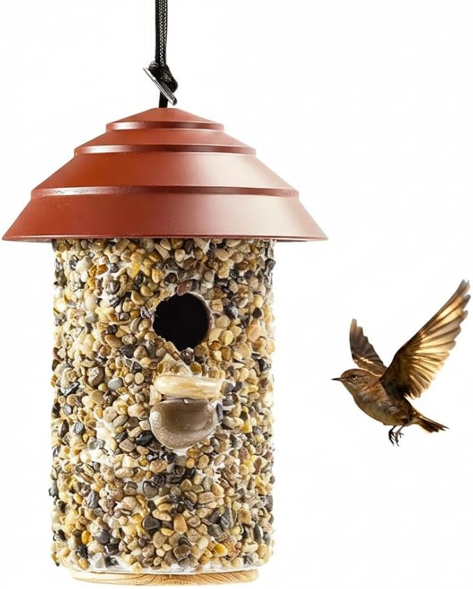 Fortress Bird House for Outside Clearance, Pebble Stone HDPE Roof Bird House for Outdoor, Heavy Duty Stone, Hanging Birdhouse for Outside, Wren House 10 Year Lasting (Red)