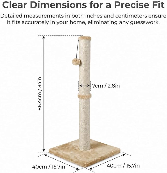 Dimaka 34" Height Tall Cat Scratching Post, Claw Scratcher with Sisal Rope and Covered with Soft Smooth Plush, Vertical Scratch [Full Strectch] (Light Brown, 34 inches for Large Cats)