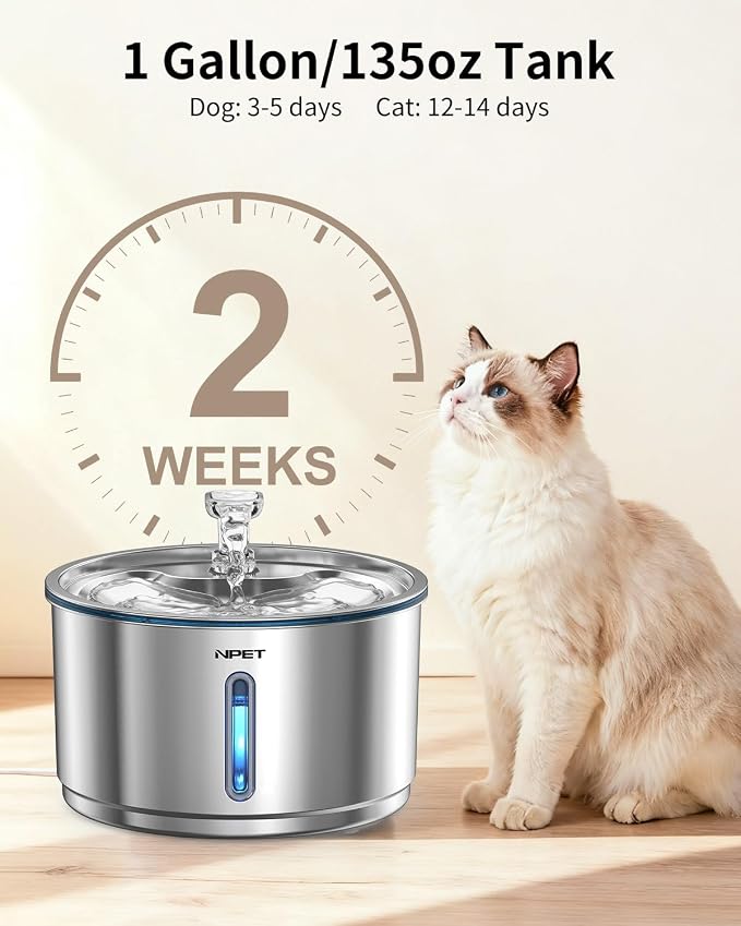 NPET Stainless Steel Cat Water Fountain, 1Gallon/135oz Automatic Pet Drinking Fountain Dog Water Dispenser with 3 Replacement Filters for Cats Indoor