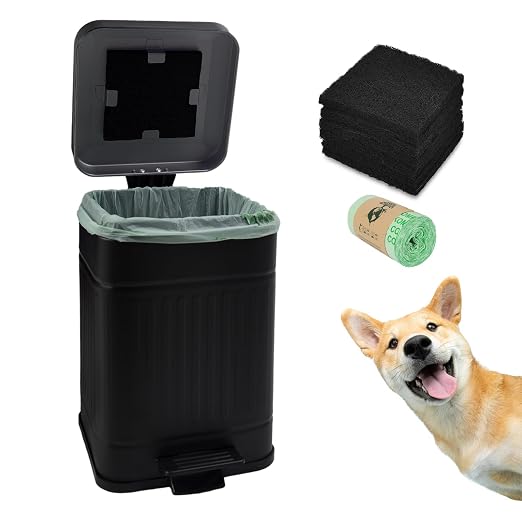 Dog Poop Trash Can for Outdoors Dog Waste Station with Lid Hands-Free Pedal 1 Gallon Container Home Kitchen with 1 Roll 50PCS Litter Bag & 6 Activated Carbon Filter T-5L-F-B