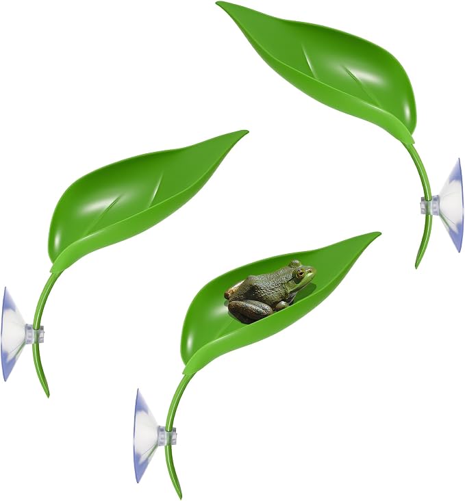 African Dwarf Frog Tank Accessories, 3PCS Tree Frog Terrarium Accessories Leaf-Shaped Frogs Habitat Decor with Suction Cup, Basking Platform for Climbing and Resting